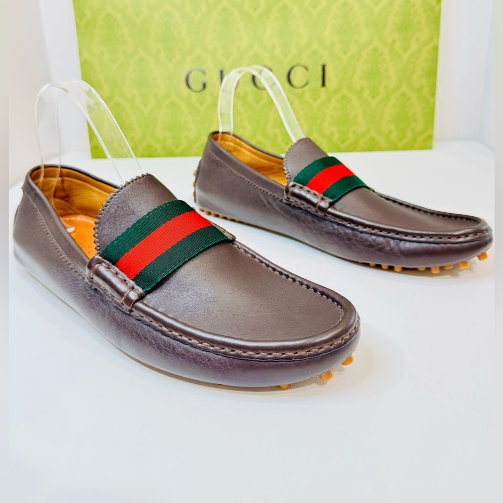 Men’s Gucci Web Accent Leather Drivers Moccasin Dark Brown Size 8.5 New no Box! - Picture 5 of 16